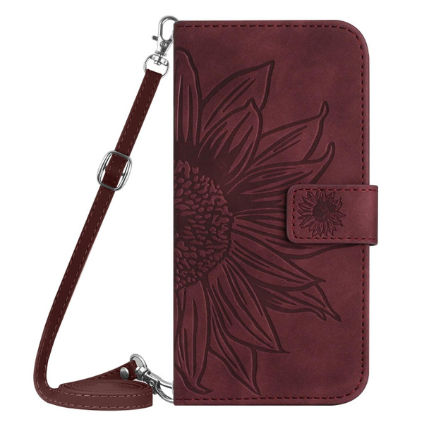 For Realme 11 5G Global Skin Feel Sun Flower Embossed Flip Leatherette Phone Case with Lanyard(Wine Red)