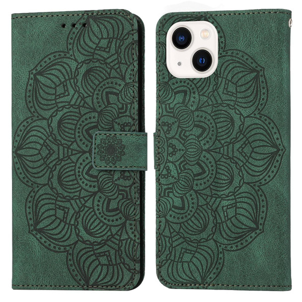 For iPhone 15 Plus Mandala Embossed Flip Leatherette Phone Case(Green)