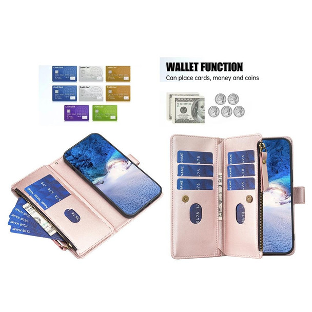 For Samsung Galaxy S23 FE 5G 9 Card Slots Zipper Wallet Leatherette Flip Phone Case(Rose Gold)