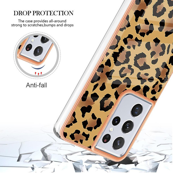 For Samsung Galaxy S21 Ultra 5G Electroplating Marble Dual-side IMD Phone Case(Leopard Print)