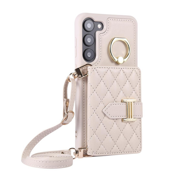 For Samsung Galaxy S22 5G Horizontal Card Bag Ring Holder Phone Case with Dual Lanyard(Beige)