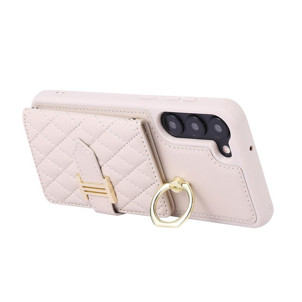 For Samsung Galaxy S22 5G Horizontal Card Bag Ring Holder Phone Case with Dual Lanyard(Beige)