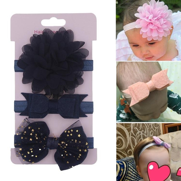 3 in 1Children Bow Flower Headband Hair Band Hair Ring Read Tiara(Dark blue)