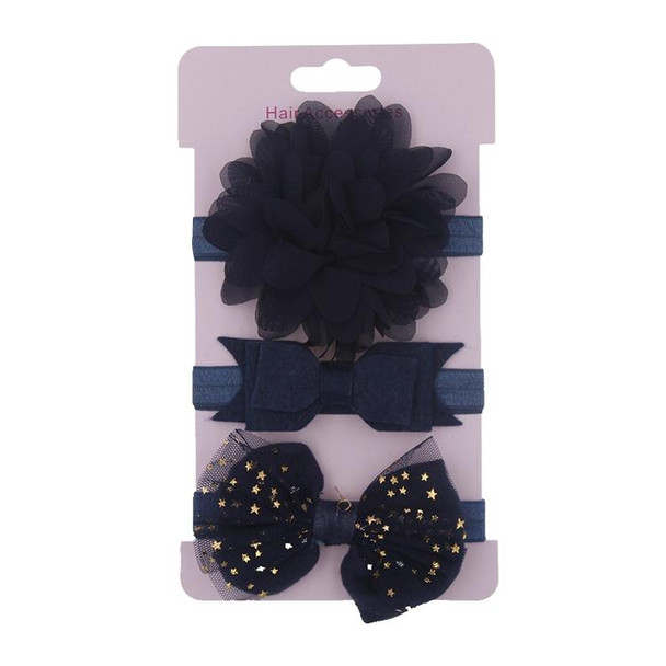 3 in 1Children Bow Flower Headband Hair Band Hair Ring Read Tiara(Dark blue)