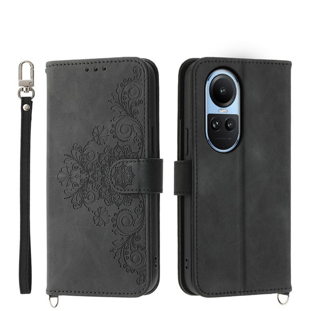 For OPPO Reno10 Global / Reno10 Pro Global Skin-feel Flowers Embossed Wallet Leatherette Phone Case(Black)