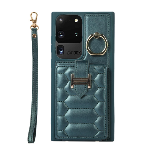 For Samsung Galaxy S20 Ultra Vertical Card Bag Ring Holder Phone Case with Dual Lanyard(Dark Green)