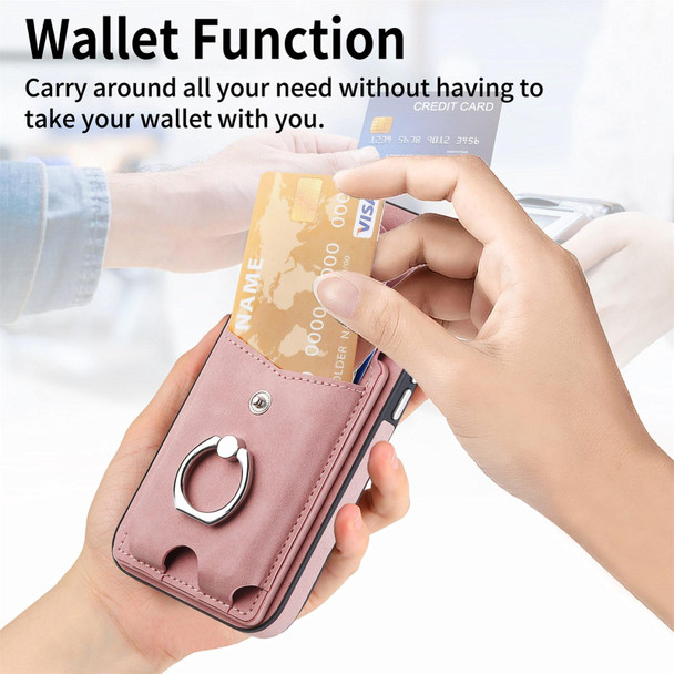 For Samsung Galaxy S22 5G Electroplating Skin-feel Leatherette Ring Card Wallet Phone Case(Pink)