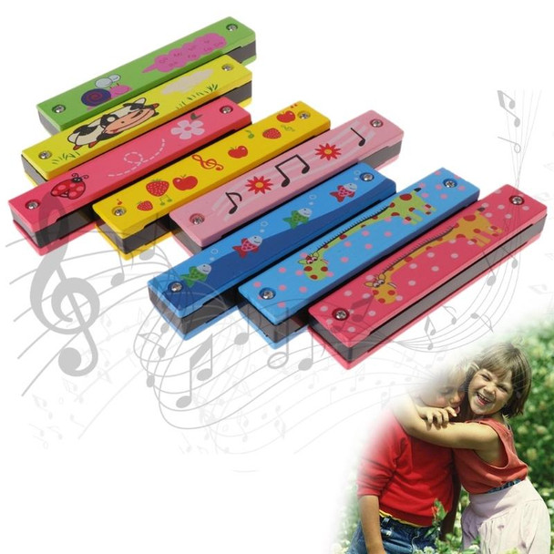 Wooden 16-holes Double-row Harmonica for Beginners, Color:Blue giraffe