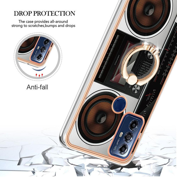 For Motorola Moto G Play 2023 Electroplating Dual-side IMD Phone Case with Ring Holder(Retro Radio)
