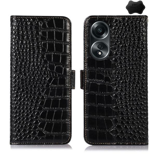 For OPPO A58 4G Crocodile Top Layer Cowhide Leatherette Phone Case(Black)