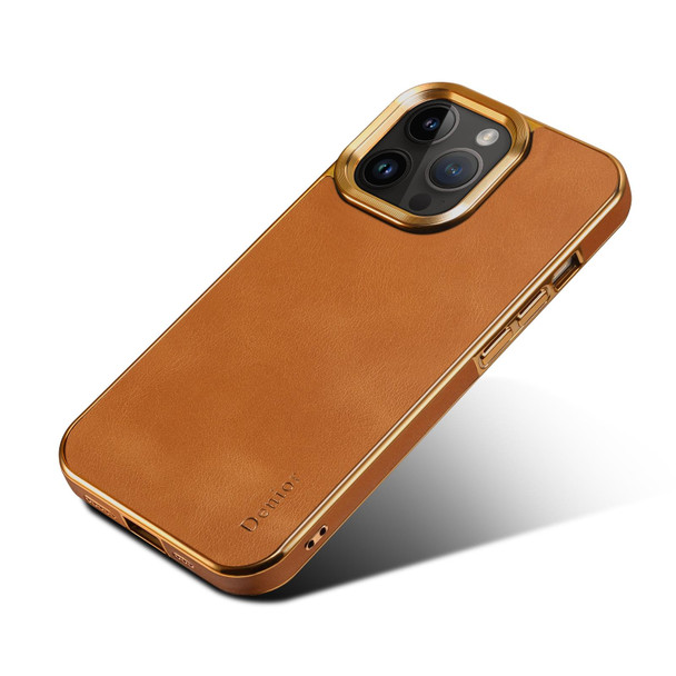 For iPhone 15 Plus Denior Cowhide Leatherette Plating Phone Case(Khaki)