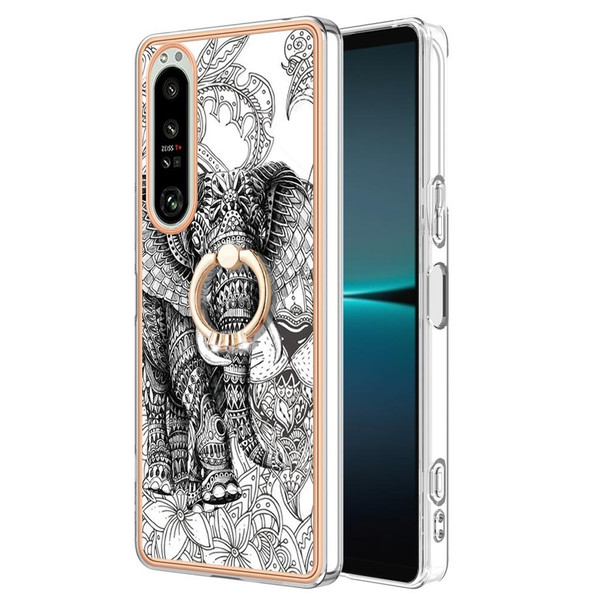 For Sony Xperia 1 IV Electroplating Dual-side IMD Phone Case with Ring Holder(Totem Elephant)