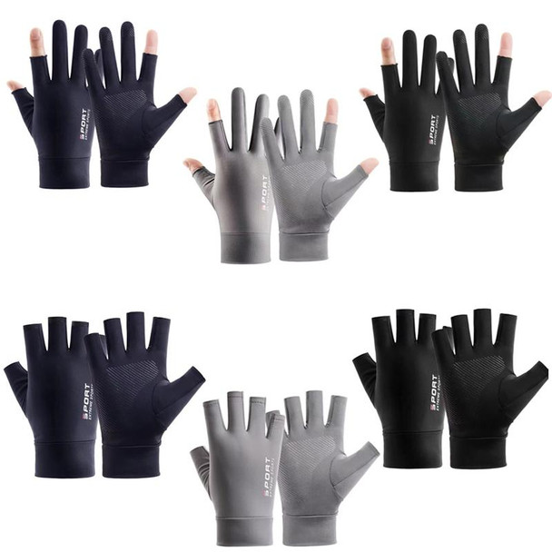 Free Code Summer Ice Silk Thin Sunscreen Gloves Fishing Non-slip Takeaway Rider Gloves(Half Finger Gray)