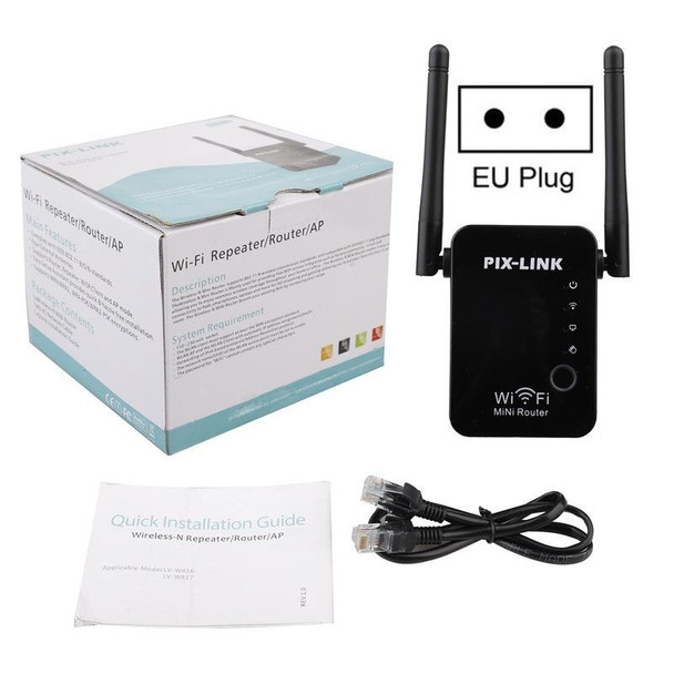 PIX-LINK 2.4G 300Mbps WiFi Signal Amplifier Wireless Router Dual Antenna Repeater(US Plug)