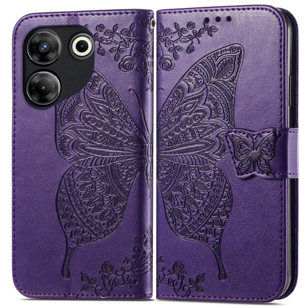 For Tecno Camon 20 Pro 5G Butterfly Love Flower Embossed Leatherette Phone Case(Dark Purple)