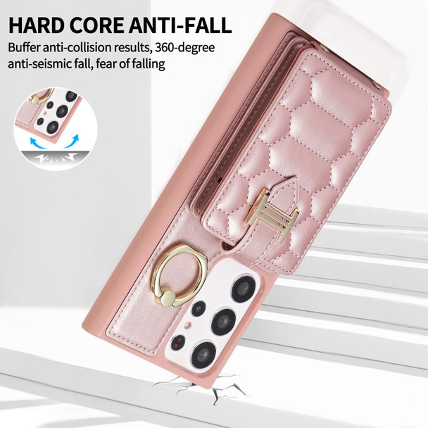 For Samsung Galaxy S23 Ultra 5G Vertical Card Bag Ring Holder Phone Case with Dual Lanyard(Rose Gold)