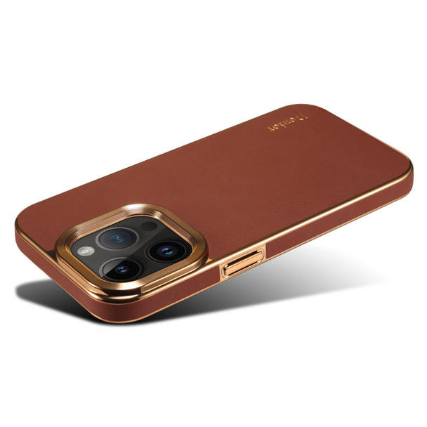 For iPhone 15 Denior Cowhide Leatherette Plating Phone Case(Brown)