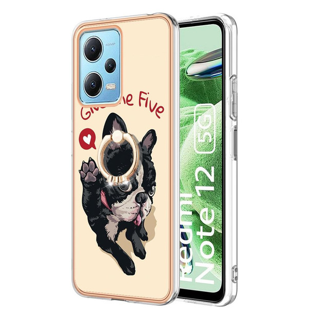 For Xiaomi Redmi Note 12 5G Global Electroplating Dual-side IMD Phone Case with Ring Holder(Lucky Dog)