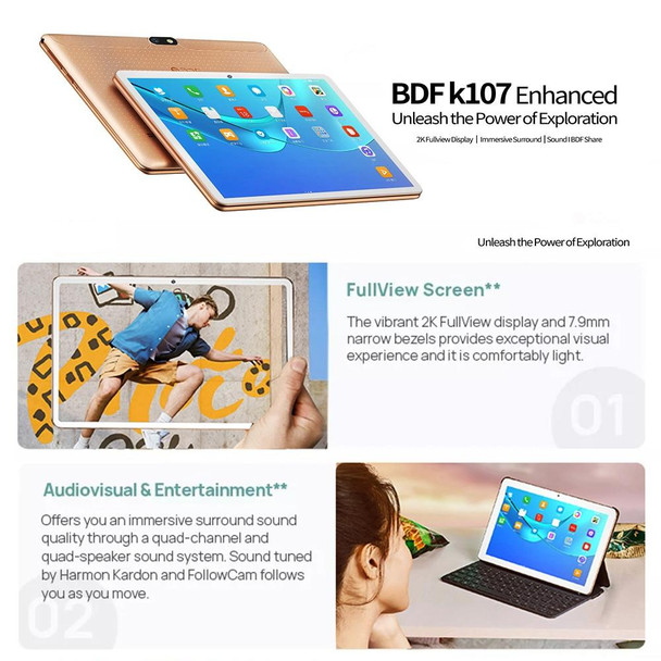 BDF K107 3G Phone Call Tablet PC 10.1 inch, 2GB+32GB, Android 9.0 MTK6735 Quad Core, Support Dual SIM, EU Plug(Gold)