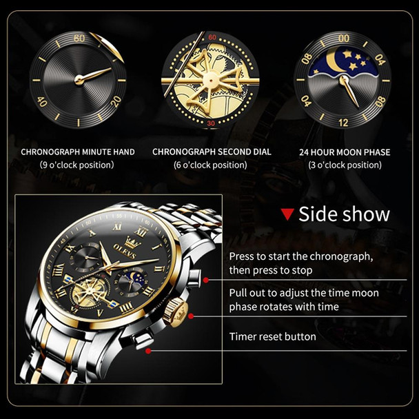 OLEVS 2859 Men Multifunctional Luminous Waterproof Quartz Watch(Black + Gold)