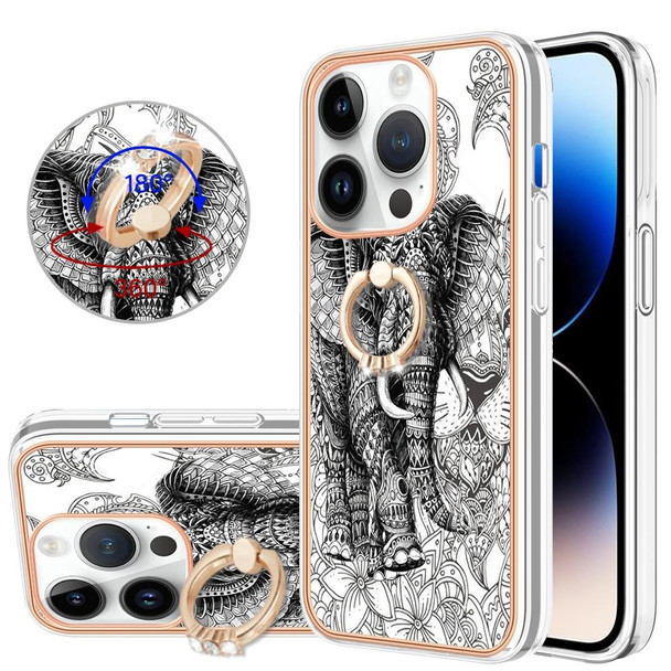 For iPhone 13 Pro Max Electroplating Dual-side IMD Phone Case with Ring Holder(Totem Elephant)