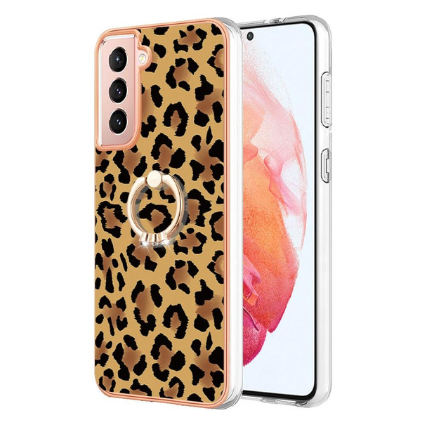 For Samsung Galaxy S21 FE 5G Electroplating Dual-side IMD Phone Case with Ring Holder(Leopard Print)