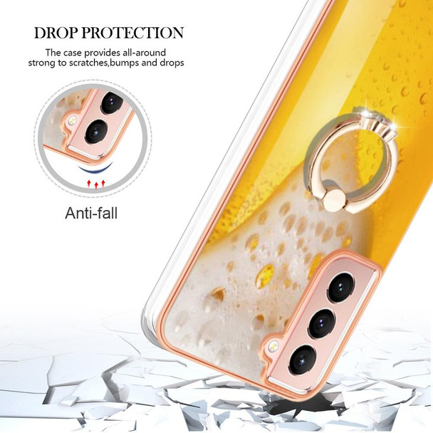 For Samsung Galaxy S21 FE 5G Electroplating Dual-side IMD Phone Case with Ring Holder(Draft Beer)