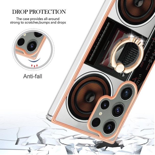 For Samsung Galaxy S23 Ultra 5G Electroplating Dual-side IMD Phone Case with Ring Holder(Retro Radio)