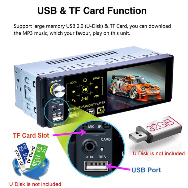 P5130 HD 1 Din 4.1 inch Car Radio Receiver MP5 Player, Support FM & AM & Bluetooth & TF Card, with Steering Wheel Remote Control