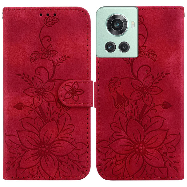 For OnePlus 10R / Ace Lily Embossed Leatherette Phone Case(Red)