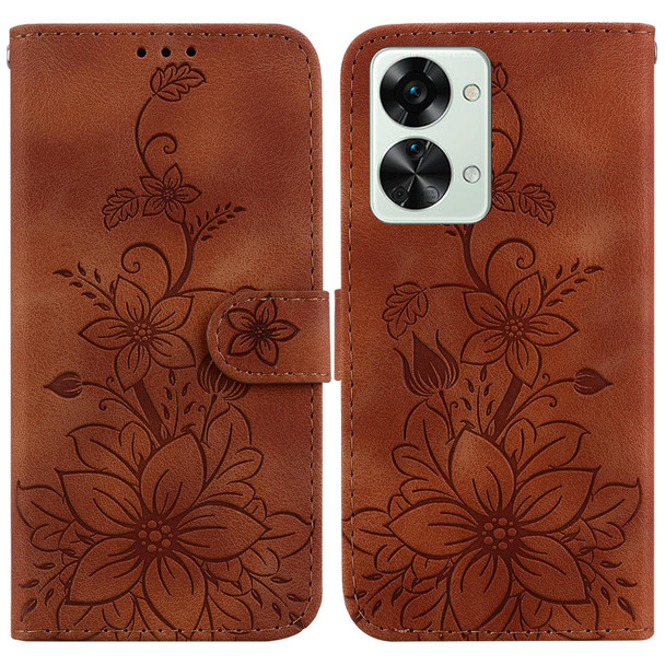 For OnePlus Nord 2T Lily Embossed Leatherette Phone Case(Brown)