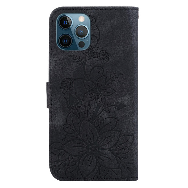 For iPhone 12 Pro Max Lily Embossed Leatherette Phone Case(Black)