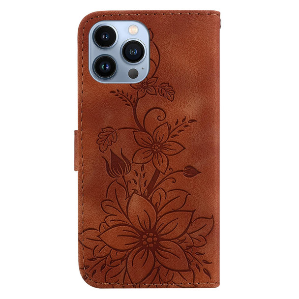 For iPhone 15 Pro Max Lily Embossed Leatherette Phone Case(Brown)