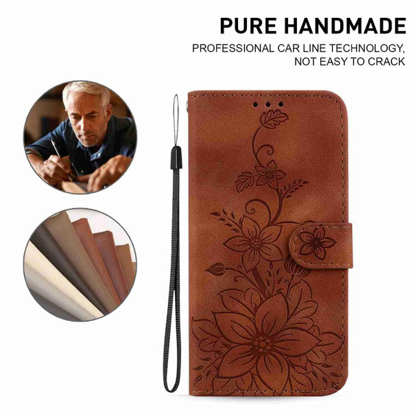 For iPhone 15 Pro Max Lily Embossed Leatherette Phone Case(Brown)