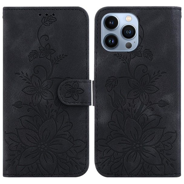 For iPhone 15 Pro Max Lily Embossed Leatherette Phone Case(Black)