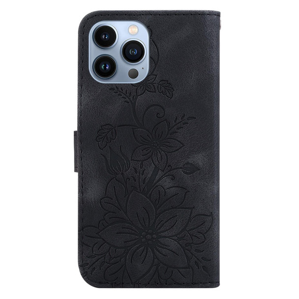 For iPhone 15 Pro Max Lily Embossed Leatherette Phone Case(Black)