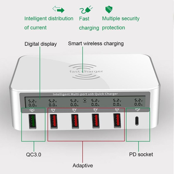818PF 5 USB Ports + Type-C Smart Digital Display Wireless Phone Charger, Style: AU Plug (White)