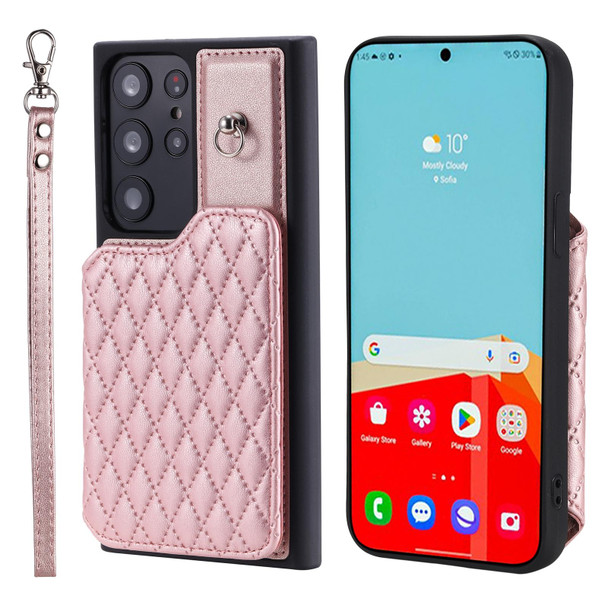 For Samsung Galaxy S22 Ultra 5G Grid Texture Card Bag Phone Case with Lanyard(Rose Gold)