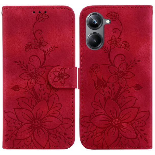 For Realme 10 Pro 5G Lily Embossed Leatherette Phone Case(Red)