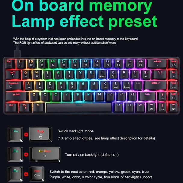 T8 68 Keys Mechanical Gaming Keyboard RGB Backlit Wired Keyboard, Cable Length:1.6m(White RGB Red Shaft)