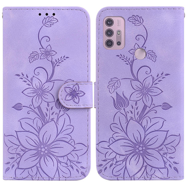 For Motorola Moto G30/G10/G20/G10 Power Lily Embossed Leatherette Phone Case(Purple)