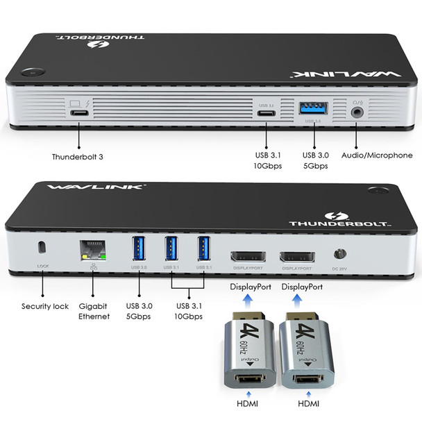 Wavlink UTD21H 60W Host Charging Thunderbolt 3 Docking Station 4K Dual Display 11 in 1 Ports, Plug:UK Plug