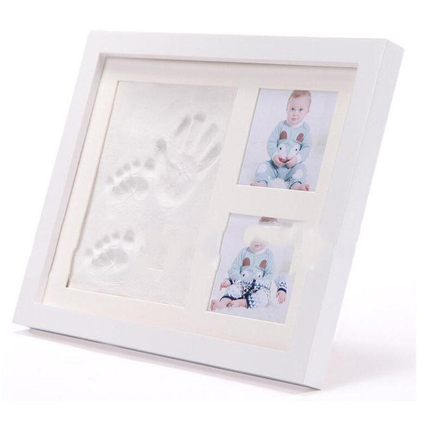 Solid Wood Three-frame BabyHands and Feet Mud Print Photo Frame with Cover(White Photo Frame Blue Mud)