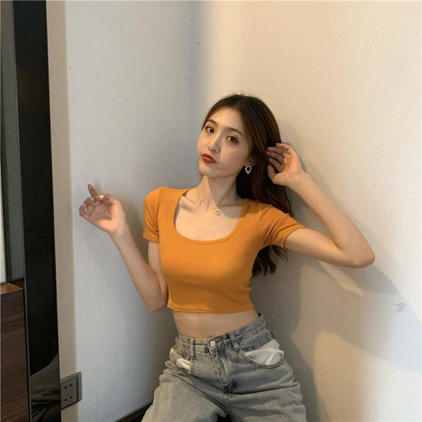 Square Neck Slim Crop Top Summer Short Sleeve Bottoming Shirt(Orange)