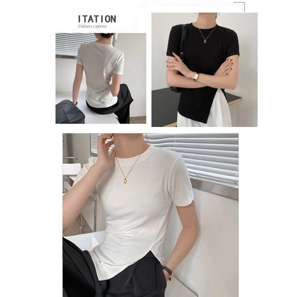 Women Summer Short-sleeved T-shirt With Hem Slit Design Round Neck Top, Size: M(Black)