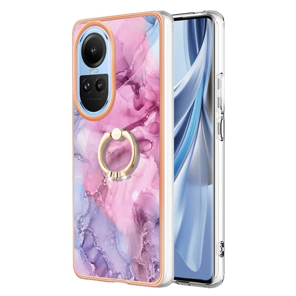 For OPPO Reno10 5G Global Electroplating Marble Dual-side IMD Phone Case with Ring(Pink 013)