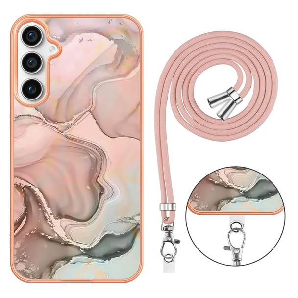 For Samsung Galaxy S23 FE 5G Electroplating Marble Dual-side IMD Phone Case with Lanyard(Rose Gold 015)