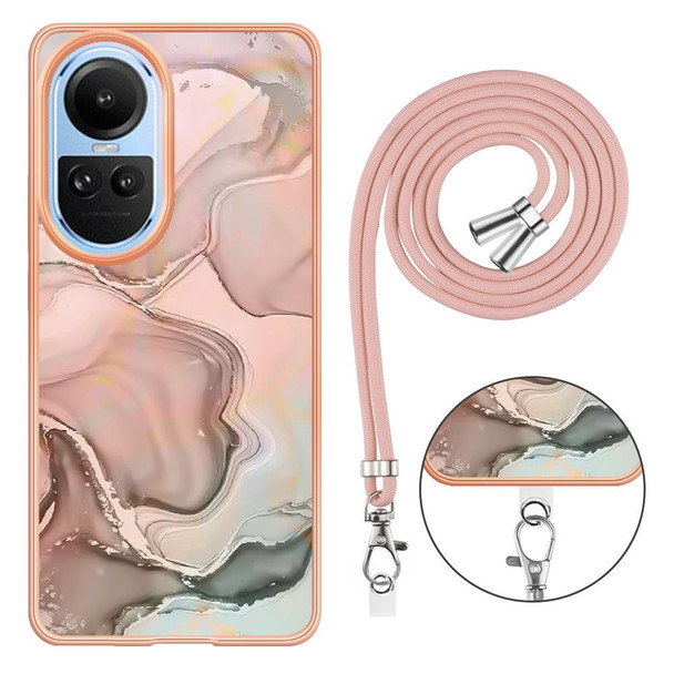 For OPPO Reno10 5G Global Electroplating Marble Dual-side IMD Phone Case with Lanyard(Rose Gold 015)