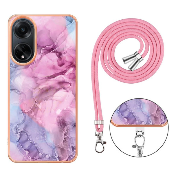 For OPPO A98 Electroplating Marble Dual-side IMD Phone Case with Lanyard(Pink 013)