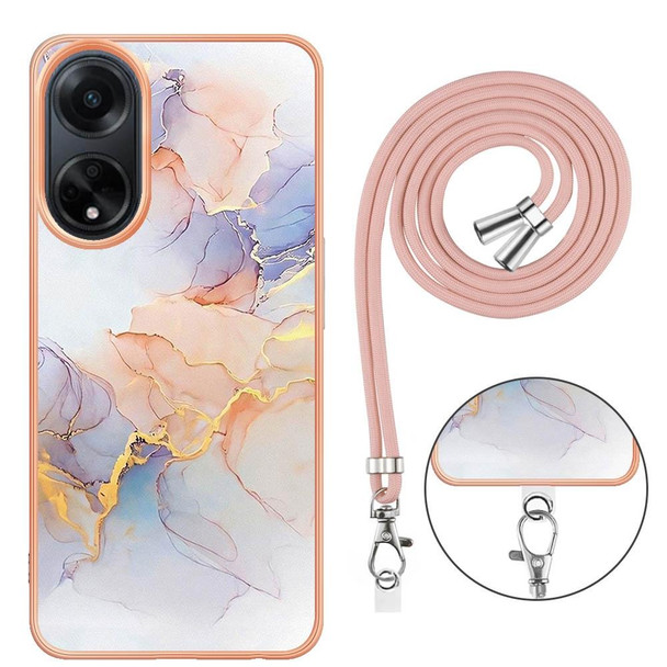 For OPPO A98 Electroplating IMD TPU Phone Case with Lanyard(White Marble)